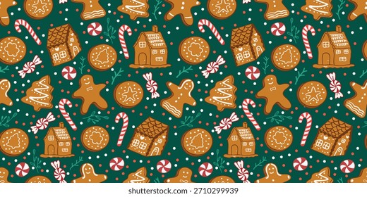 Repeating seamless pattern tile featuring gingerbread cookies, houses, and candies. Great for digital paper, fabric, gift wrap, and winter backgrounds.