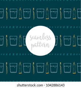 Repeating seamless pattern of toothbrush, toothpaste and water glass alternating with sleep Zs on dark green teal background