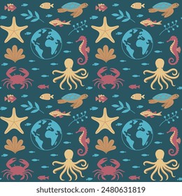 Repeating seamless pattern with turtle, seaweed and fish. 