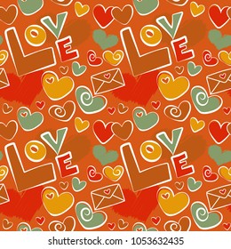 Repeating seamless pattern for Valentines day. Vector half tone blending mini hearts in orange, red and white colors.