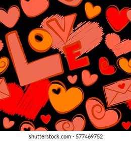 Repeating seamless pattern for valentines day. Vector half tone blending mini hearts in orange and red colors on a black background.