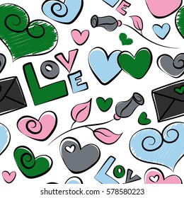 Repeating seamless pattern for Valentines day. Vector half tone blending mini hearts in pink, gray and green colors on a white background.