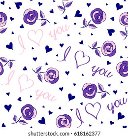 Repeating seamless pattern for Valentines day. Vector half tone blending mini hearts in violet and blue colors on a white background.