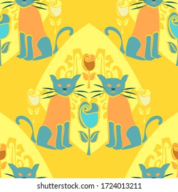 Repeating seamless vector repeating of cats in a formal symmetrical arrangement in blue, orange, yellow and mustard. Pretty and ornate in an Art Deco style and spring and summer colours. Happy felines