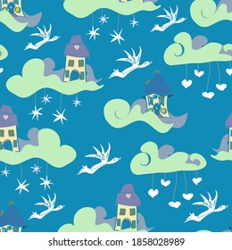 Repeating seamless vector nursery pattern of houses in the clouds with  flying birds, hearts and stars. Whimsical and fun, this cute design is great for kids bedtime art. Calming in blue and green 