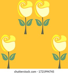 Repeating seamless vector pattern of  simple Isolated yellow roses with green leaves on a mustard background. Stylised and retro inspired, the design has a fresh modern feel