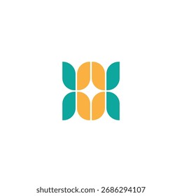 Die sich wiederholende Form zeigt ein symmetrisches Teal- und Goldmuster auf weißem Hintergrund und schafft so ein modernes und einfaches Bild, das perfekt für Grafikdesign-Projekte geeignet ist.