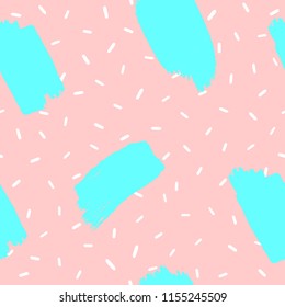 Repeating short lines and brush strokes painted by hand. Seamless pattern for girls. Grunge, watercolour, sketch. Girly vector illustration.