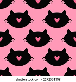 Repeating silhouette of a cat's head with a heart. Simple girly print. Cute vector illustration.