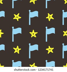 Repeating silhouettes of flags and outlines of stars drawn by hand with rough brush. Seamless pattern for kids. Grunge, sketch, ink, paint. Simple vector illustration.