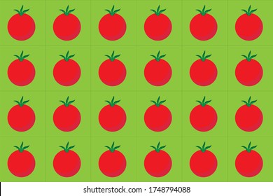 Repeating simple red tomatoes on a light green background divided into squares. Seamless pattern for print, banners, web, textile, clothing, fabric, cards, packaging and more.