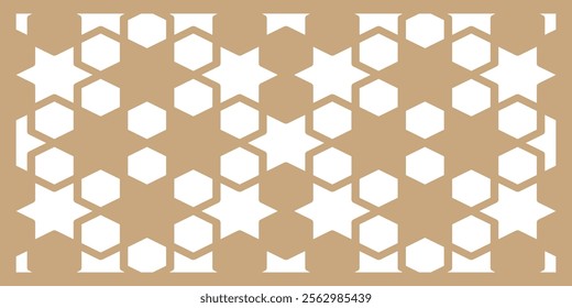 Repeating star and hexagonal Islamic pattern for Ramadan and Arabic backgrounds, ornament textures, and geometric arabesque designs in vector illustration format.