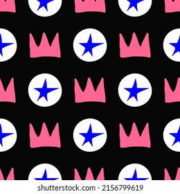 Repeating star on a round background and a crown. Drawn by hand. Cute vector illustration.