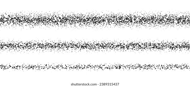 Repeating stippled stroke set. Grain dotted brush lines collection. Grunge sprinkle spray texture pack. Dirty dust sand noise horizontal elements. Splattered dotted stripes and dividers. Vector bundle