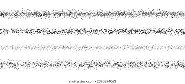 Repeating stippled stroke set. Grain dotted brush lines collection. Grunge sprinkle spray texture pack. Dirty dust sand noise horizontal elements. Splattered dotted stripes or dividers. Vector bundle