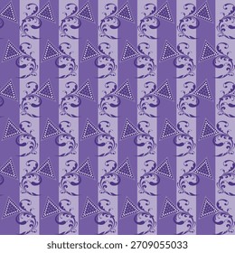 A repeating striped pattern in shades of purple, combining traditional Indonesian Batik-inspired swirls with modern, dotted triangular geometric shapes.