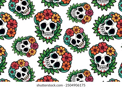 Repeating sugar skull pattern with vibrant flowers, ideal for Dia de los Muertos themed projects, wallpapers, and digital art. Bright, colorful design with a cheerful, festive aesthetic