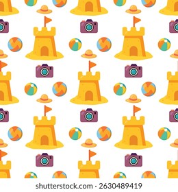 Repeating summer beach pattern with sandcastles, beach balls, hats, and cameras