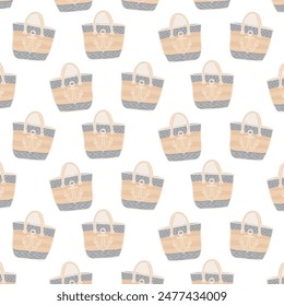 Repeating summer pattern of beach tote bags with anchor designs in a soft, neutral color palette. Travel, road, luggage, bag