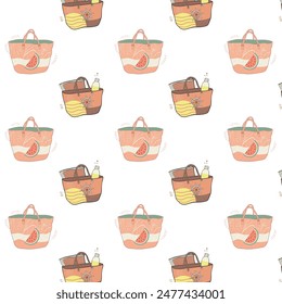 Repeating summer pattern, combination of beach tote bags, showcasing designs with anchors, watermelons, and beach scenes.