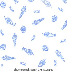 Repeating Summer Pattern with Ice Cream & Candies. Hand Drawn Vector Illustration