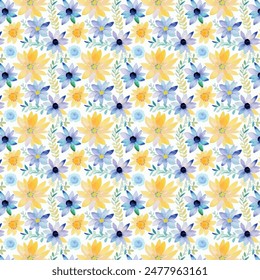 Repeating summer watercolor floral pattern with alternating blue, yellow, and white colors, for printing, bed linen, clothes, textile
