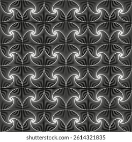 Repeating swirl pattern. Black curved lines. Seamless vector texture. Twisting optical background.
