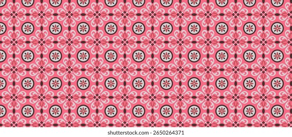 Repeating Symmetrical Floral Pattern with Intricate Pointed Petal Motifs in Red-Brown Circles on Pink-Peach Background, Featuring Grid-Like Lines for a Decorative Textural Design
