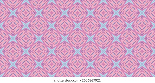 a repeating symmetrical pattern in pink and light blue, forming a delicate ornamental design with a geometric style.
