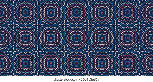 a repeating, symmetrical pattern of wavy concentric shapes in navy, red, and white, forming squares and crosses.
