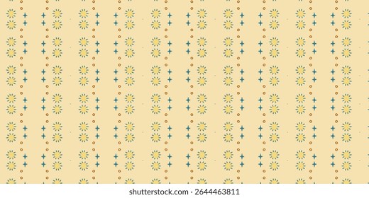 Repeating symmetrical star and circle pattern in teal and yellow tones on a light beige background. Decorative vintage design for fabric and interior art.
