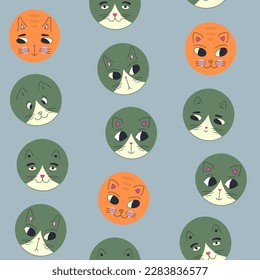 Textura repetitiva, ojos negros gatos. Patrón de superficie, gatito de mascota. Fondo colorido impecable
