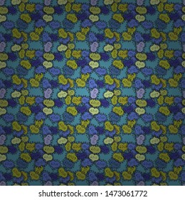 Repeating texture. Blue, yellow and black seamless heart pattern. Pattern for wrapping. Vector illustration. Valentines Day. Typography lettering poster.