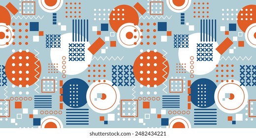 Repeating texture of circles, crosses, zigzags, abstract composition of geometric shapes.