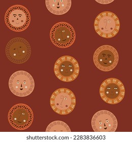 Repeating texture, joyful abstract faces. Surface pattern, lad droll face. Seamless colorful background
