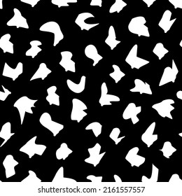 Textura repetitiva de las manchas blancas y formas sobre un fondo cuadrado negro. Se utiliza para imprimir en papel, tela, embalaje, papel pintado. Eps10.