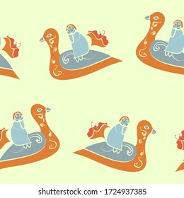 Repeating tile pattern of tiny little girls and ducks. A fairytale inspired design in orange and blue, ideal for little girls apparel and nursery decor on a lemon background. Cute and whimsical.