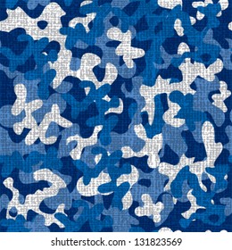 Repeating tiled blue camouflage pattern with a cloth texture
