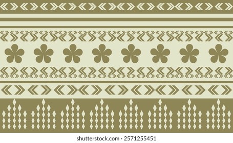 Repeating tribal geometricfloral pattern,flower border embroidery,Olive green diamonds,arrow motifs. for textile prints, backgrounds,wallpaper,ethnic neckline design