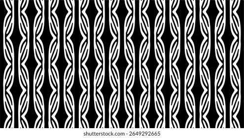 A repeating tribal pattern with twisted rope-like vertical stripes in black and white, evoking strength and organic elegance.