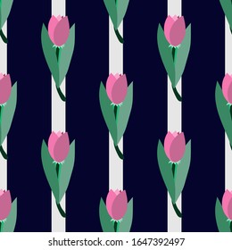 Repeating tulips on a background with vertical stripes. Floral seamless pattern. Feminine print with flowers. Vector illustration.