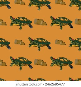 Repeating Turtle Pattern. Simple Seamless print, vector illustration with a turtle on a yellow background.  Art with stylized turtles. Design for wallpapers, backgrounds, fabrics, wrapping paper.