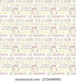 Wiederholte Typografie-Muster mit beliebten italienischen Lebensmittel- und Liebeskonzepten