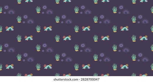 Repeating underwater vector pattern featuring colorful seaweed and coral formations on a dark purple background for textile design