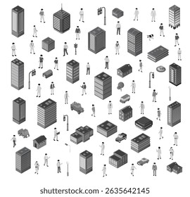 Repeating urban landscape with isometric skyscrapers, houses, vehicles, streetlights and working citizens in monochrome style