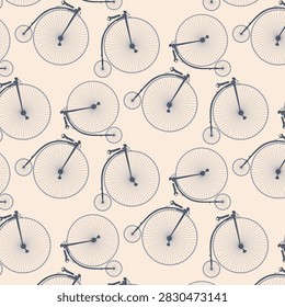 Repeating vector background featuring classic penny farthing high wheeler bicycles for vintage stationery design projects