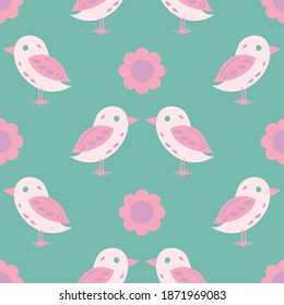Repeating vector childhood pattern with sweet, innocent pink birds and flowers arranged simply and symmetrically on a green background
