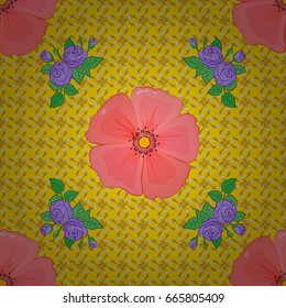 Repeating vector cosmos flowers pattern. Modern motley floral seamless pattern on a yellow background. Floral print.