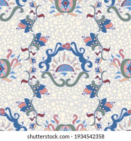 Repeating vector decorative porcelain style pattern in royal blue, pink and grey on a textured dotted backdrop with wavy lines and delicate ornate flowers