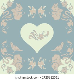Repeating vector floral pattern with birds in pastel shades of pink, blue and cream. Delicate and decorative, the style is nature inspired and in a traditional style with modern freshness. 